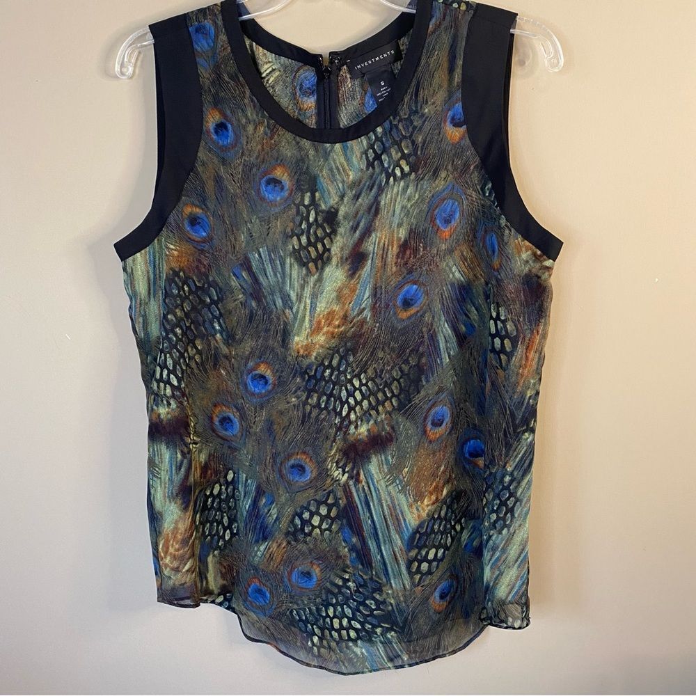 Investments Blue and Green Feather Print Blouse